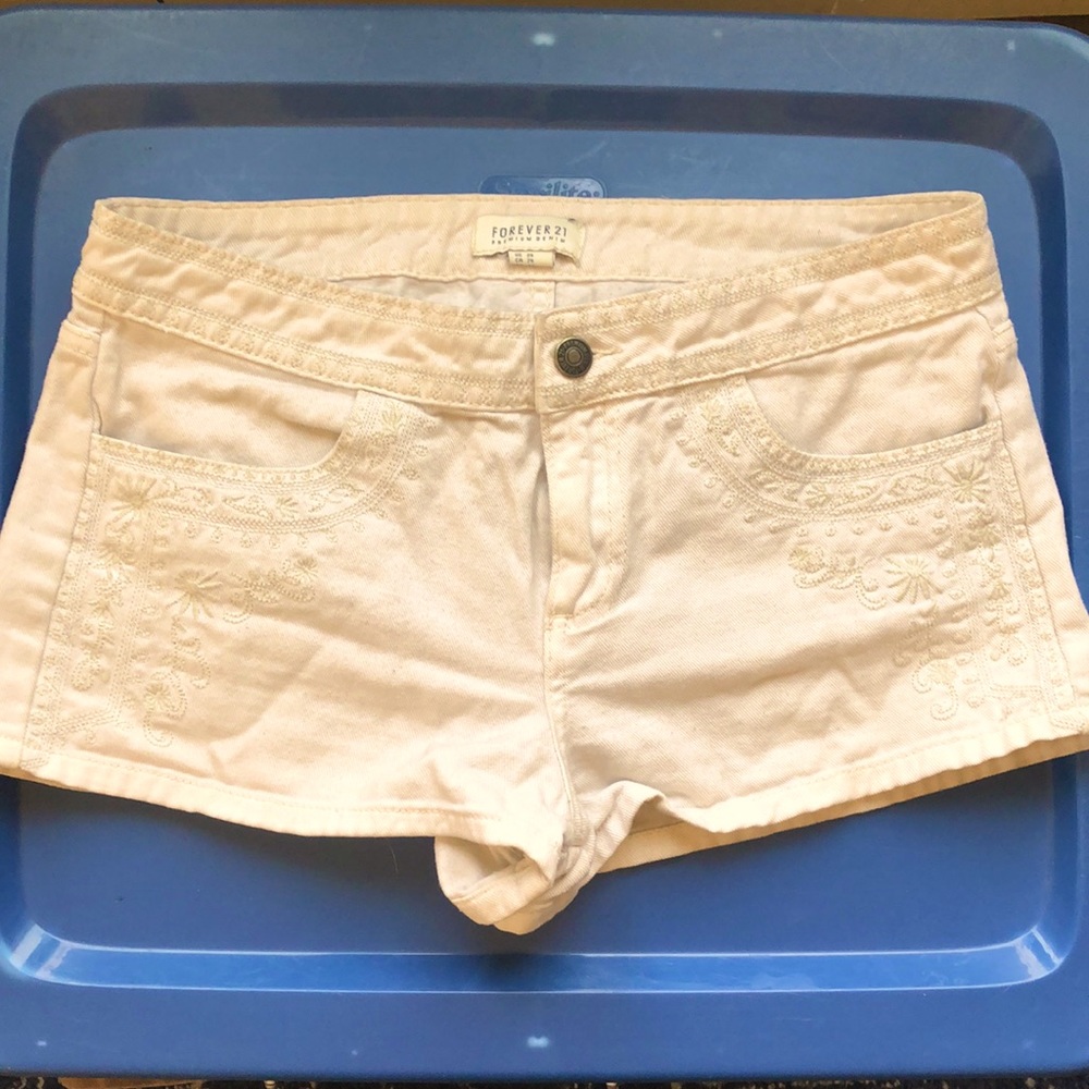 Forever 21 Embroidered Cream Shorts